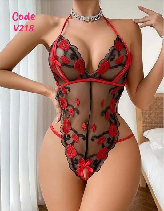 One-piece lingerie set with lips on it