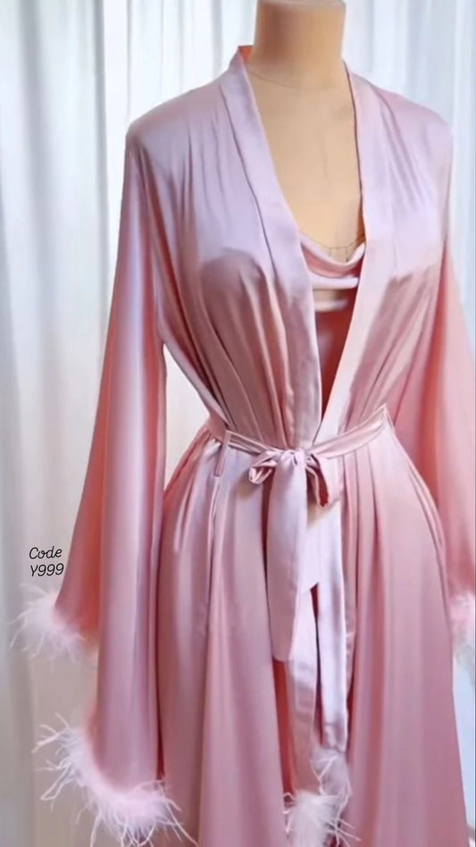 Feather Satin babydoll and Robe