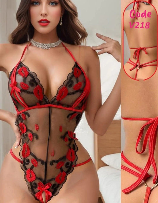 One-piece lingerie set with lips on it